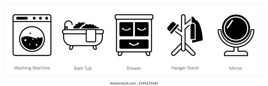 A set of 5 Furniture icons as washing machine, bath tub, drawer