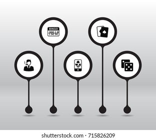 Set Of 5 Gambling Icons Set.Collection Of Gambling Cube, Playing Cards, Gentleman And Other Elements.