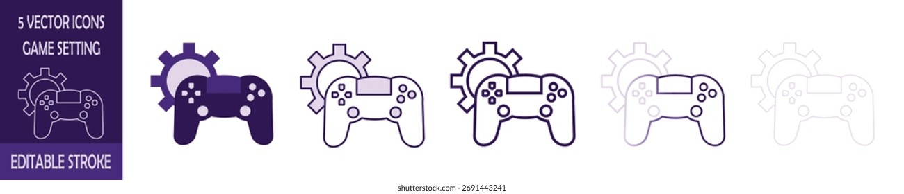 Set of 5 Game Setting Vector Icons with Editable Stroke on Transparent Background