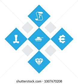 Set of 5 gaming icons set. Collection of joystick, cheat, crystal and other elements.