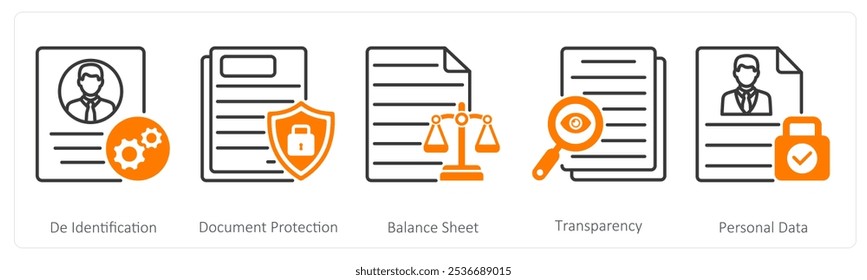 Um conjunto de 5 ícones de GDPR como de identificação, proteção de documentos, balanço