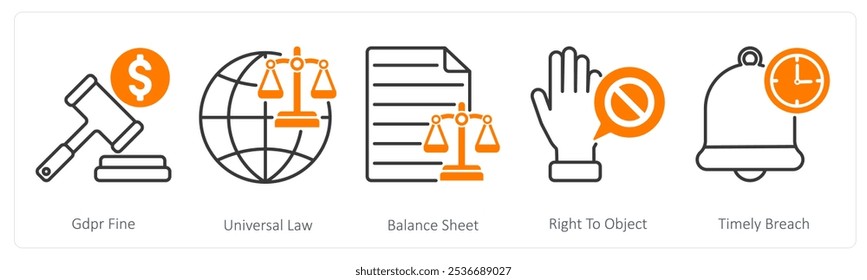 Um conjunto de 5 ícones de GDPR como arquivo gdpr, lei universal, balanço patrimonial