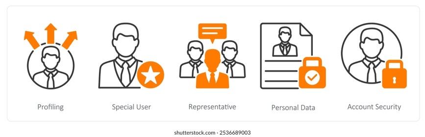 Un conjunto de 5 iconos GDPR como perfil, usuario especial, Representante