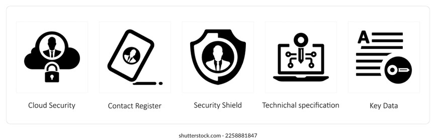 Eine Reihe von 5 Gdpr-Symbolen wie Cloud-Sicherheit, Kontaktregister