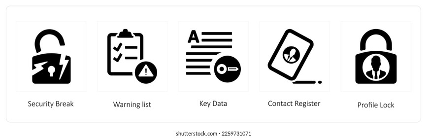 A set of 5 gdpr icons such as Security Break, Warning list