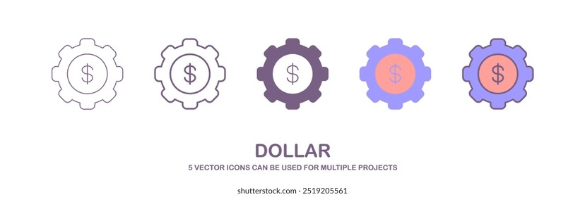 Um conjunto de 5 ícones em forma de engrenagem representando conceitos financeiros e de gerenciamento de tempo., um conjunto de ícones com 5 estilos diferentes