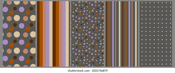 Set of 5 geometrical seamless patterns with colorful circles and stripes. Vector patterns for textile, wrapping paper and interior design.