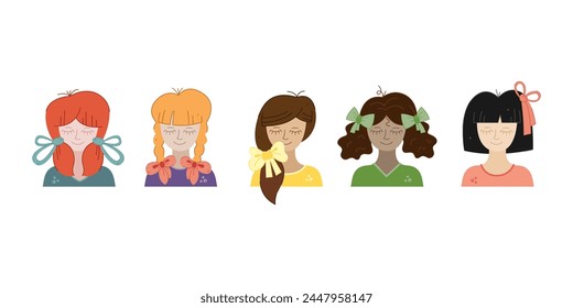 Set con 5 chicas con diferentes peinados y lazos de pelo. Ilustración vectorial de garabatos de color.