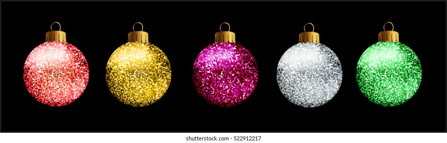 Set of 5 glittered Christmas balls, on black background.