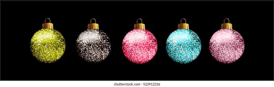 Set of 5 glittered Christmas balls, on black background.