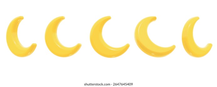 Conjunto de 5 ícones brilhantes da lua crescente em estilo 3D, renderizados em tons suaves de amarelo. Cada lua é mostrada de um ângulo diferente. Perfeito para aplicativos meteorológicos, interfaces de modo noturno, gráficos para dormir. Isolado.