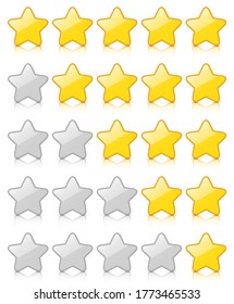 Set of 5 glossy star rating icons with reflection isolated on a white background. EPS10 vector file