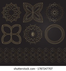 Conjunto de 5 monogramas dorados, 1 marco de lujo y 1 borde sobre un fondo negro. Plantilla de vectores para la pieza trabajada para su diseño. Ilustración de un elemento de tracería de oro. Estampación de aceite.	
