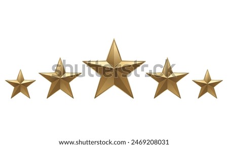 Set of 5 gold stars isolated on white background. Vector realistic five golden stars