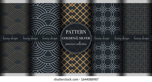 Set of 5 golden and silver luxury geometric pattern background. Abstract line, polka dot retro style vector illustration for wallpaper, flyer, cover, design template. minimalistic ornament, backdrop.