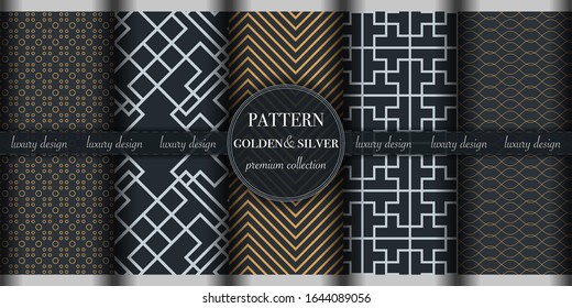 Set of 5 golden and silver luxury geometric pattern background. Abstract line, polka dot retro style vector illustration for wallpaper, flyer, cover, design template. minimalistic ornament, backdrop.