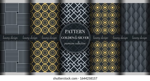 Set of 5 golden silver luxury geometric pattern background. Abstract line, dot retro style vector illustration for wallpaper, flyer, cover, design template. minimalistic ornament, backdrop.