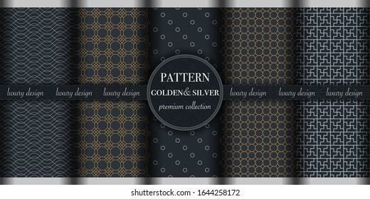 Set of 5 golden silver luxury geometric pattern background. Abstract line, dot retro style vector illustration for wallpaper, flyer, cover, design template. minimalistic ornament, backdrop.