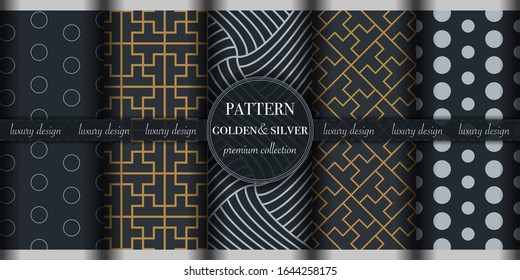 Set of 5 golden silver luxury geometric pattern background. Abstract line, dot retro style vector illustration for wallpaper, flyer, cover, design template. minimalistic ornament, backdrop.