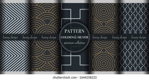 Set of 5 golden silver luxury geometric pattern background. Abstract line, dot retro style vector illustration for wallpaper, flyer, cover, design template. minimalistic ornament, backdrop.