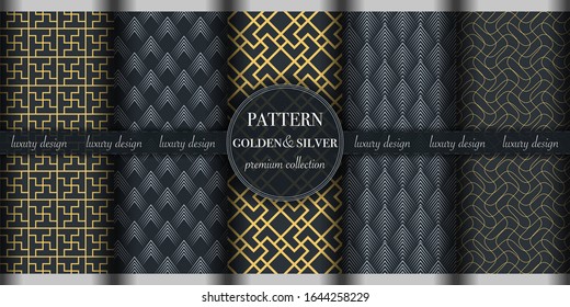 Set of 5 golden silver luxury geometric pattern background. Abstract line, dot retro style vector illustration for wallpaper, flyer, cover, design template. minimalistic ornament, backdrop.