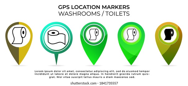 A set of 5 GPS navigation location marker pin icon with washroom or WC icon of different designs and color scheme isolated on white background. Vector illustration