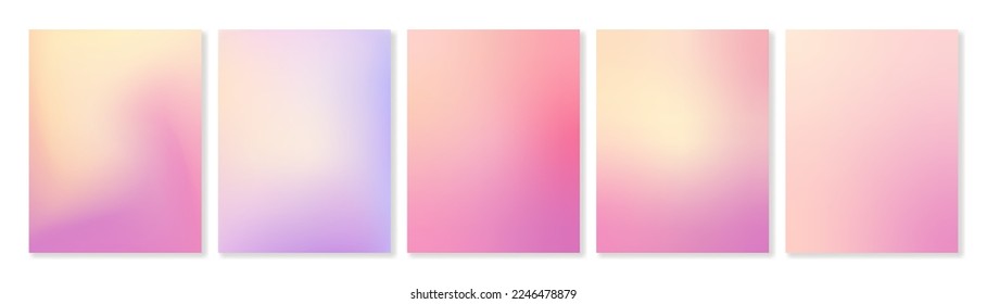 Set of 5 gradient backgrounds in delicate pinks, yellows and purples colors with soft transitions. Great for covers, branding, wallpapers, social media and more. Vector, can be used for web and print.