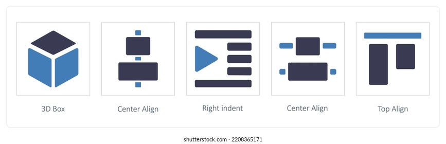 A set of 5 graphic tools icons such as 3D Box, Center Align, Right indent