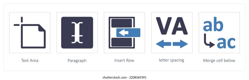 Un conjunto de 5 iconos de herramientas gráficas como Área de texto, Párrafo, Insertar fila