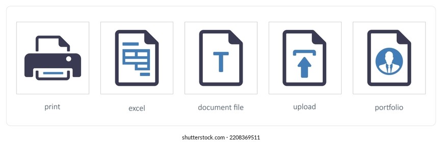 A set of 5 graphic tools icons such as print, excel, document file