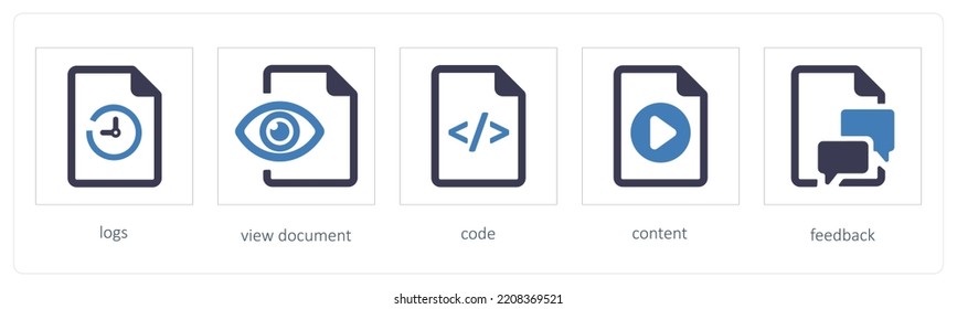 A set of 5 graphic tools icons such as logs, view document, code