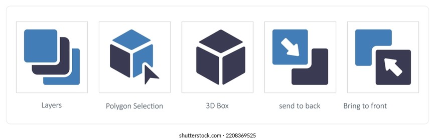 A set of 5 graphic tools icons such as Layers, Polygon Selection, 3D Box