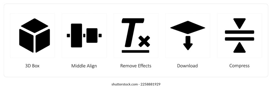 A set of 5 graphic tools icons such as 3D Box, Middle Align, Remove Effects