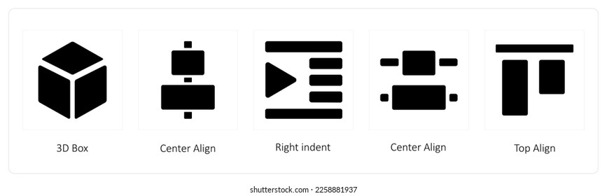 A set of 5 graphic tools icons such as 3D Box, Center Align, Right indent