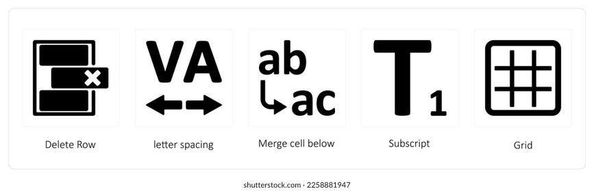 Un conjunto de 5 iconos de herramientas gráficas como Borrar fila, espaciado de letras