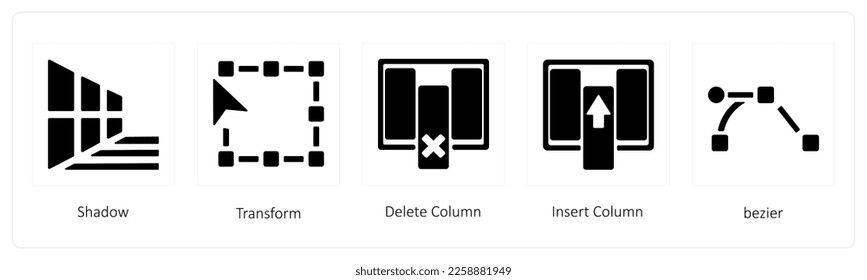 A set of 5 graphic tools icons such as Shadow, Transform, delete coloumn