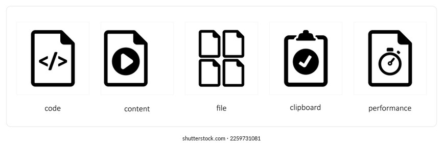 A set of 5 graphic tools icons such as code, content, file