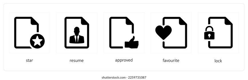 A set of 5 graphic tools icons such as star, resume, approved