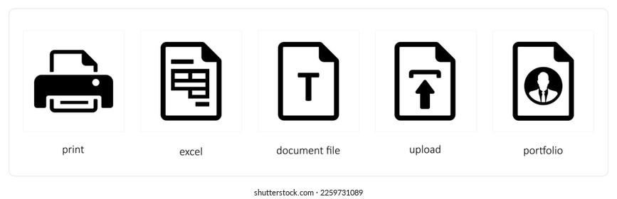 Un conjunto de 5 iconos de herramientas gráficas como imprimir, excel, archivo de documento