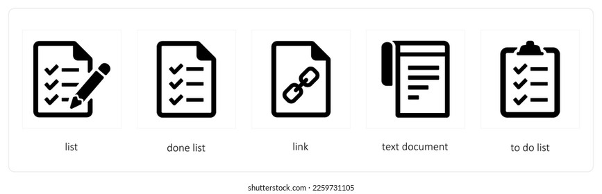 A set of 5 graphic tools icons such as list, done list, link