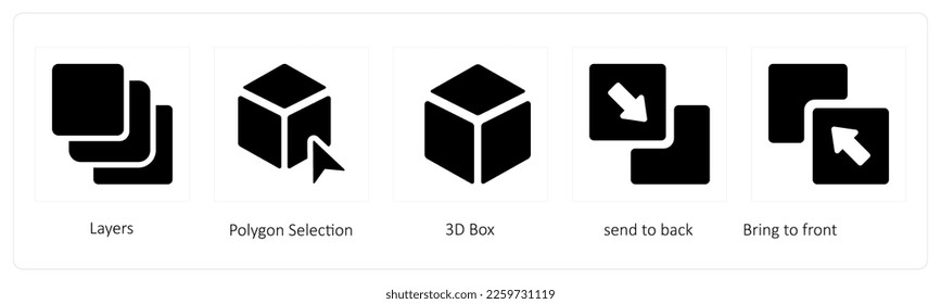 A set of 5 graphic tools icons such as Layers, Polygon Selection, 3D Box