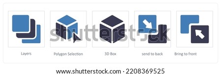 A set of 5 graphic tools icons such as Layers, Polygon Selection, 3D Box