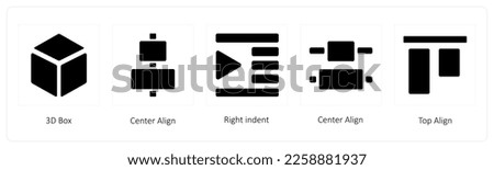 A set of 5 graphic tools icons such as 3D Box, Center Align, Right indent