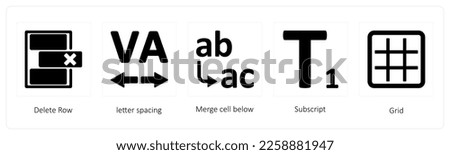 A set of 5 graphic tools icons such as Delete Row, letter spacing