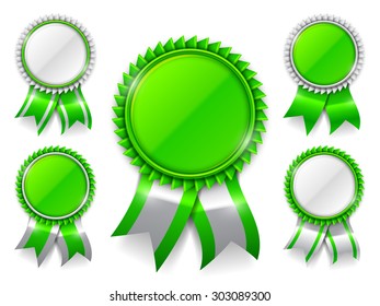 Set of 5 green award medals with ribbons