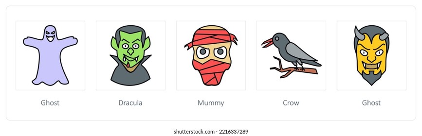 A set of 5 Halloween icons such as ghost, dracula, mummy