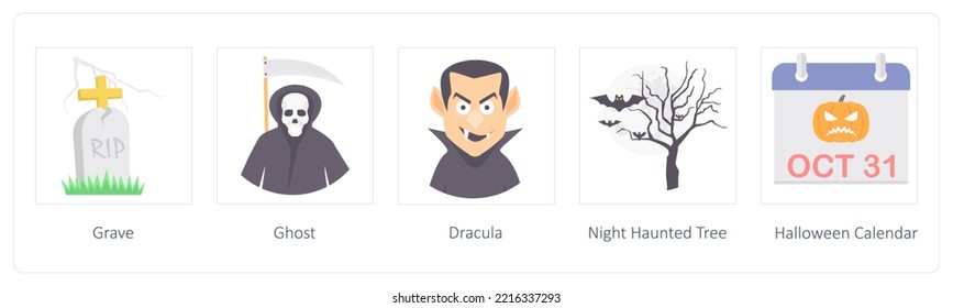 A set of 5 Halloween icons such as grave, ghost, dracula