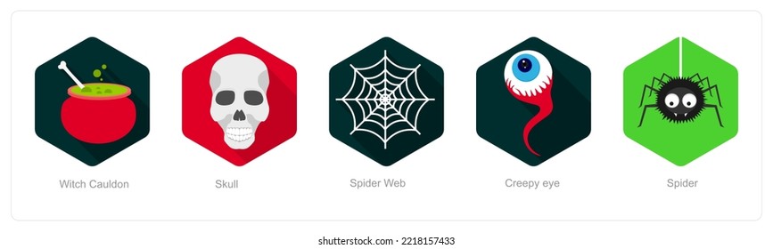 A set of 5 Halloween icons such as witch cauldon, skull