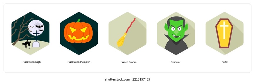 A set of 5 Halloween icons such as halloween night, halloween pumpkin