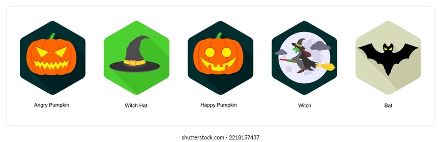 A set of 5 Halloween icons such as angry pumpkin, witch hat